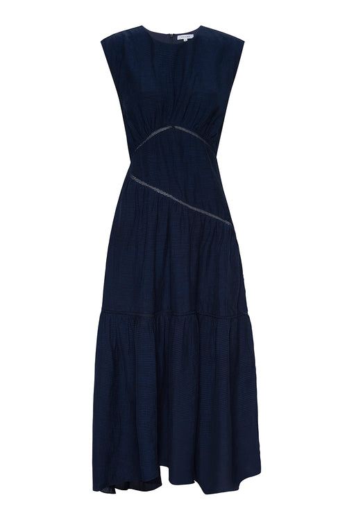 Gathered Seam Lace Inset Dress in Navy