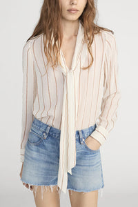 The Striped Silk Tie Blouse in Cream Multi