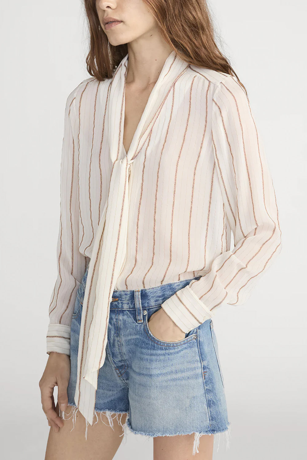 The Striped Silk Tie Blouse in Cream Multi