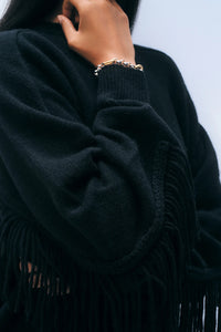 Cashmere Blend Luxe Fringe Crewneck in Black