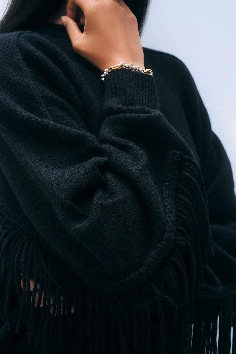 Cashmere Blend Luxe Fringe Crewneck in Black