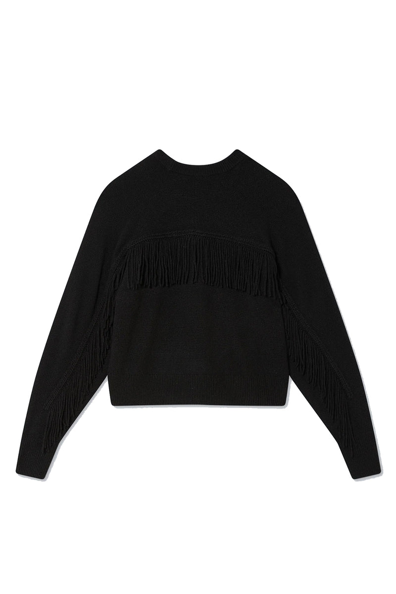 Cashmere Blend Luxe Fringe Crewneck in Black