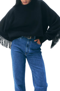 Cashmere Blend Luxe Fringe Crewneck in Black