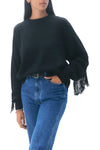 Cashmere Blend Luxe Fringe Crewneck in Black