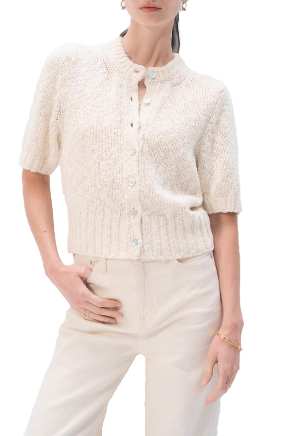 Marled Cotton Blend Top in Ivory Marl