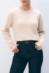 Brushed Cashmere Blend Check Crewneck Sweater in Muted Camel Check