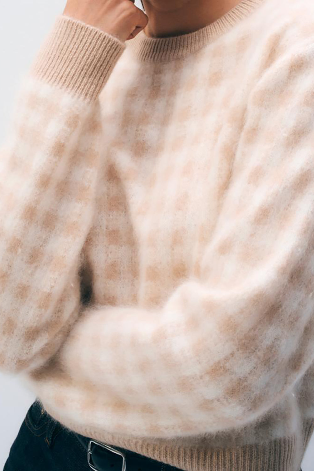 Brushed Cashmere Blend Check Crewneck Sweater in Muted Camel Check