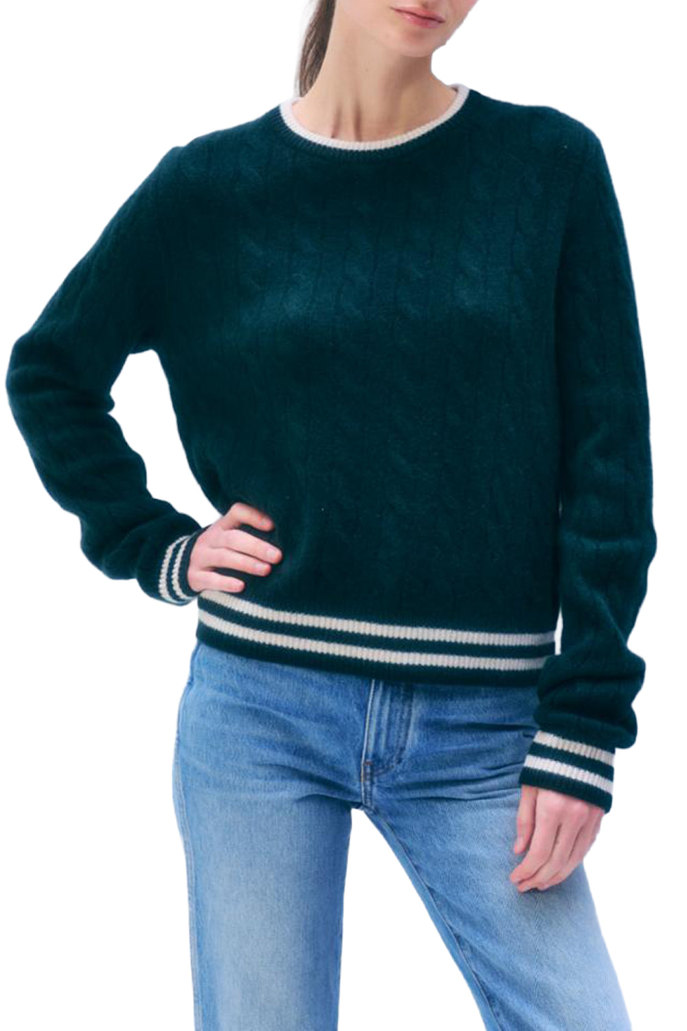 Cashmere Varsity Cable Crewneck in Dark Emerald Vintage Ivory