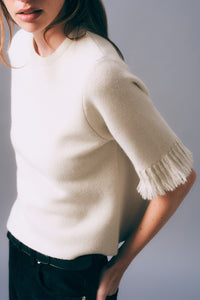 Cashmere Blend Fringe Tee in Ivory