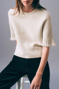Cashmere Blend Fringe Tee in Ivory