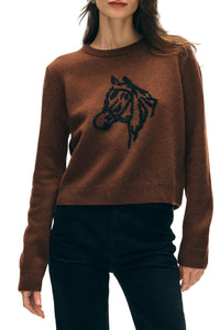 Cashmere Blend Horse Embroidered Crew in Misty Brown Black