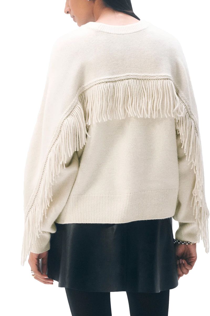 Cashmere Blend Luxe Fringe Crewneck in Ivory