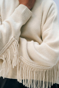 Cashmere Blend Luxe Fringe Crewneck in Ivory