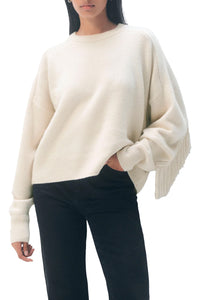 Cashmere Blend Luxe Fringe Crewneck in Ivory