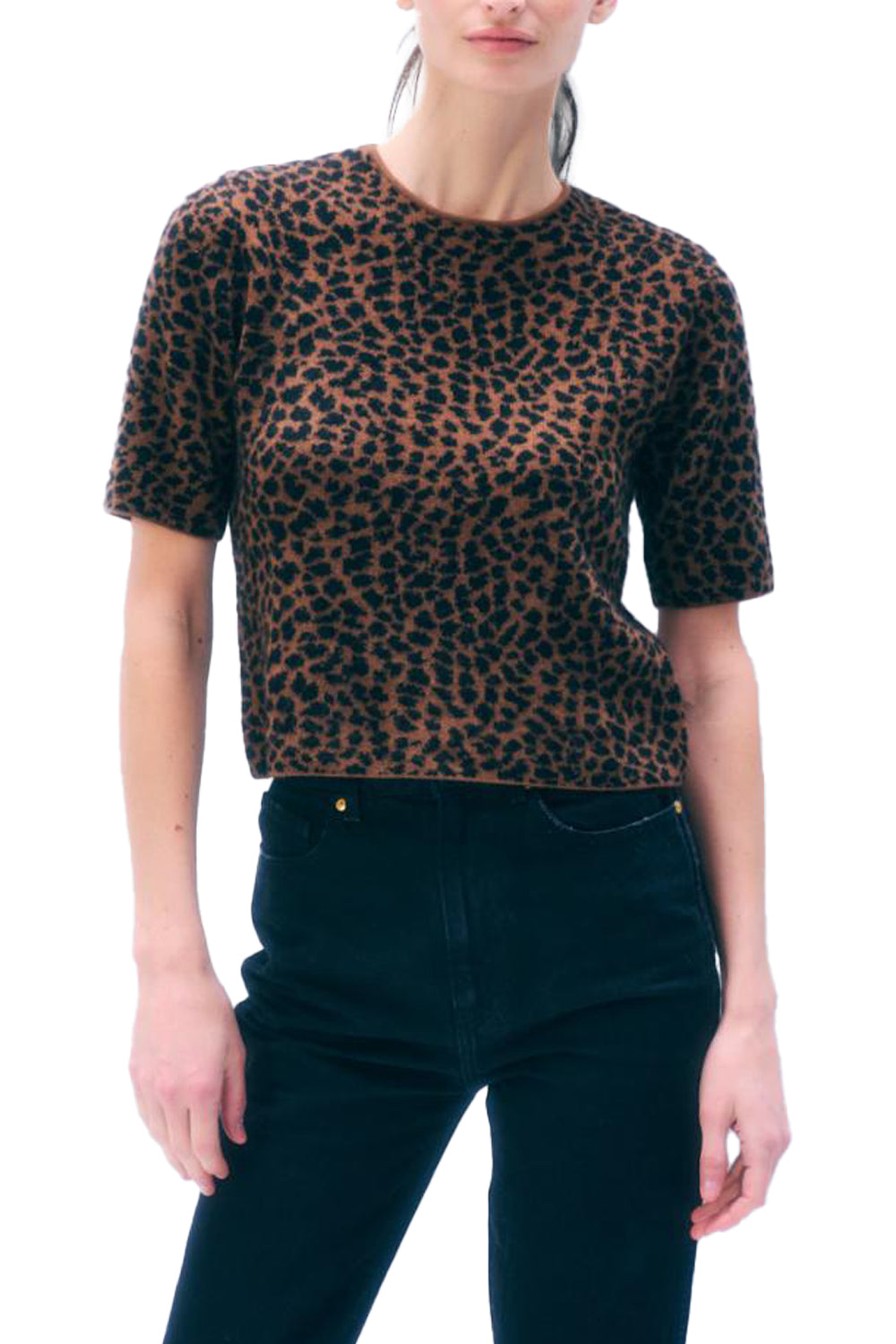 Cashmere Leopard Print Tee in Cedarwood Black Leopard