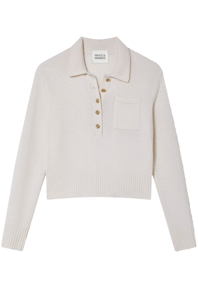 Cashmere Gold Button Polo in Soft White
