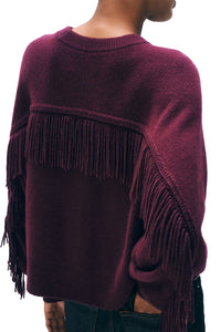 Cashmere Blend Luxe Fringe Crewneck in Oxblood