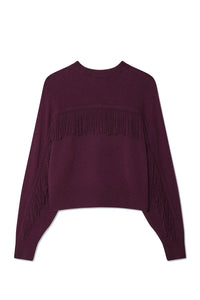 Cashmere Blend Luxe Fringe Crewneck in Oxblood