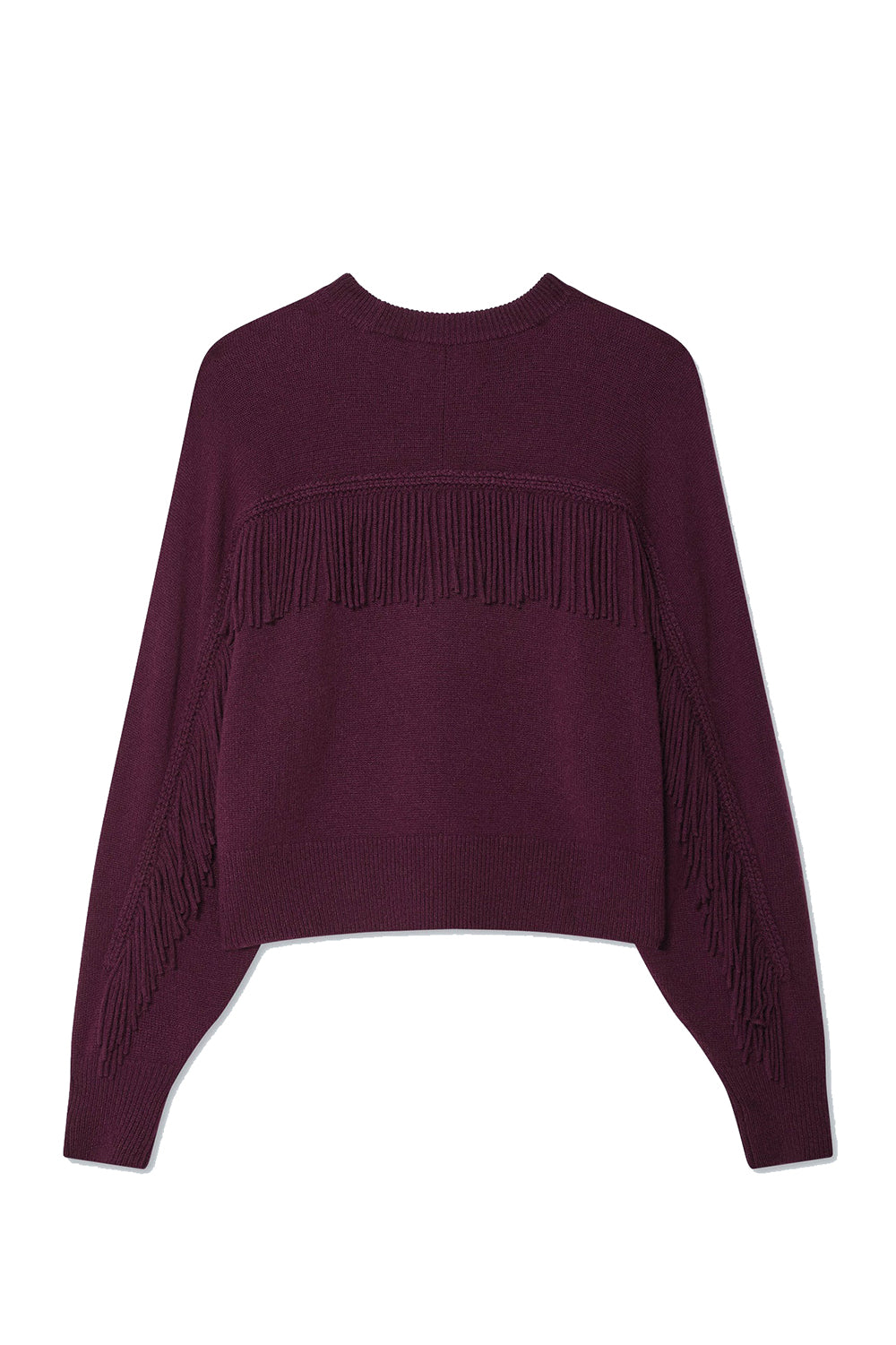 Cashmere Blend Luxe Fringe Crewneck in Oxblood