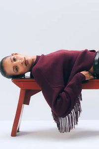 Cashmere Blend Luxe Fringe Crewneck in Oxblood