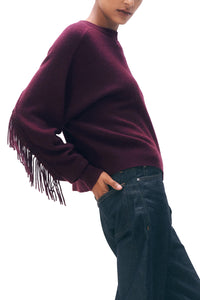 Cashmere Blend Luxe Fringe Crewneck in Oxblood