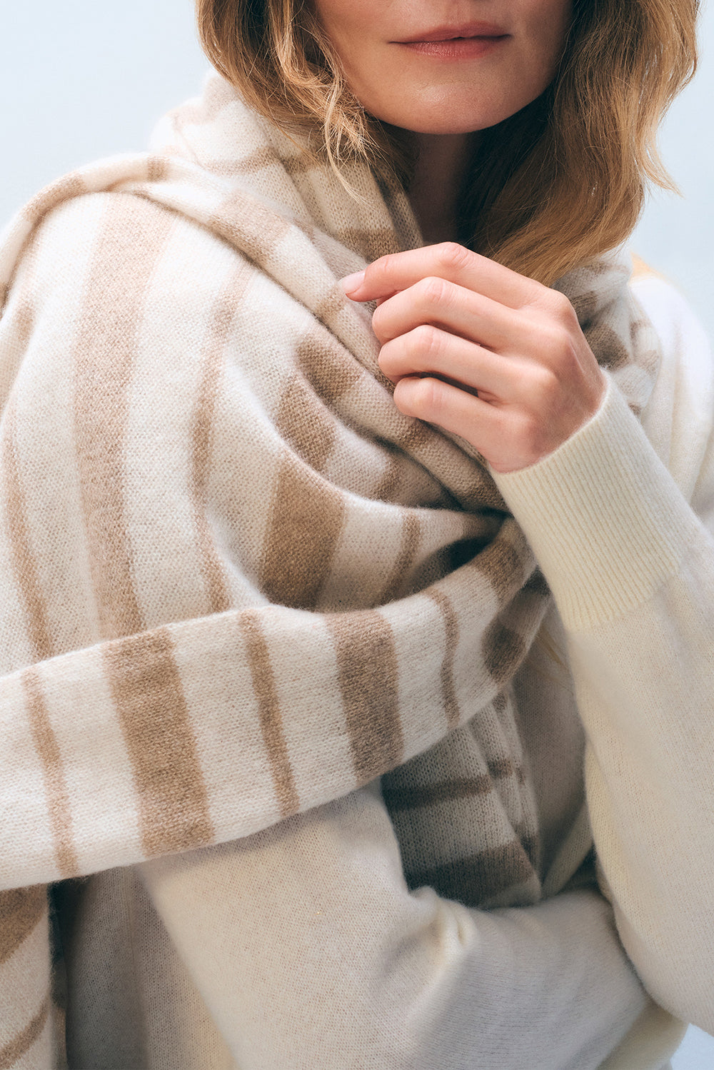 Cashmere Stripe Travel Wrap in Taupe Natural
