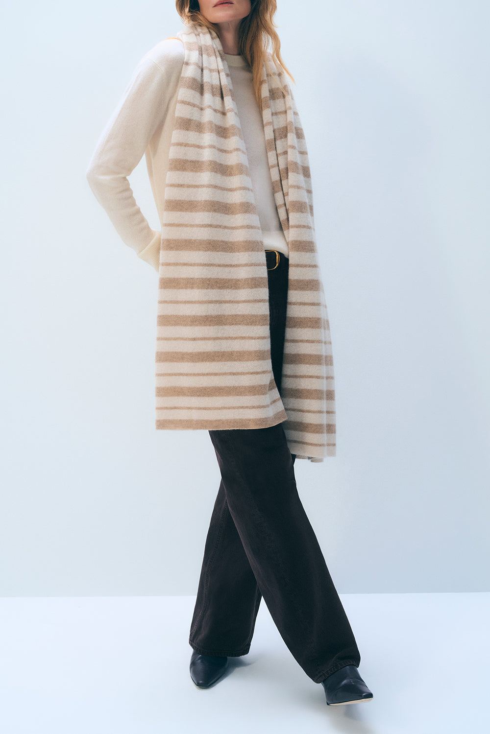 Cashmere Stripe Travel Wrap in Taupe Natural