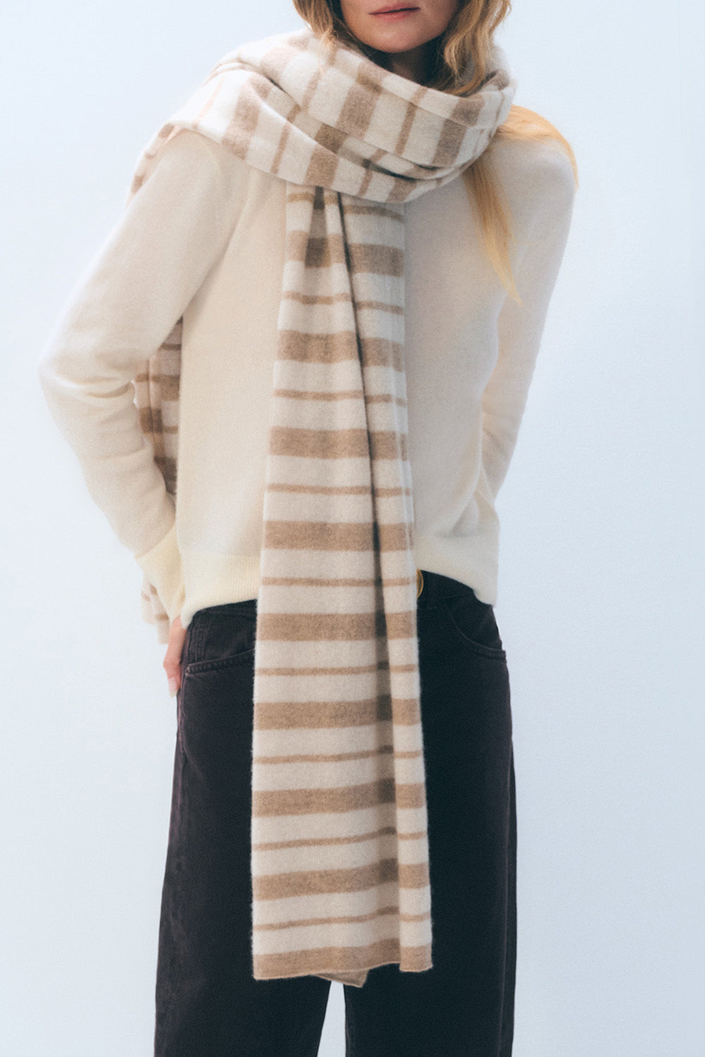 Cashmere Stripe Travel Wrap in Taupe Natural