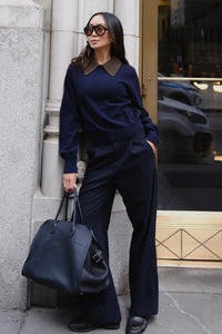 Cashmere Contrast Collar Sweater in Deep Navy Deep Olive