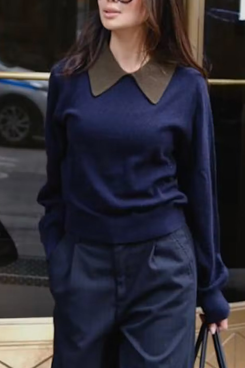 Cashmere Contrast Collar Sweater in Deep Navy Deep Olive