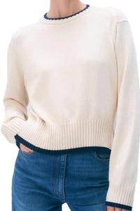 Varsity Cotton Crewneck in White Navy