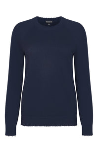 Cotton Cashmere Frayed Edge Crew in Navy