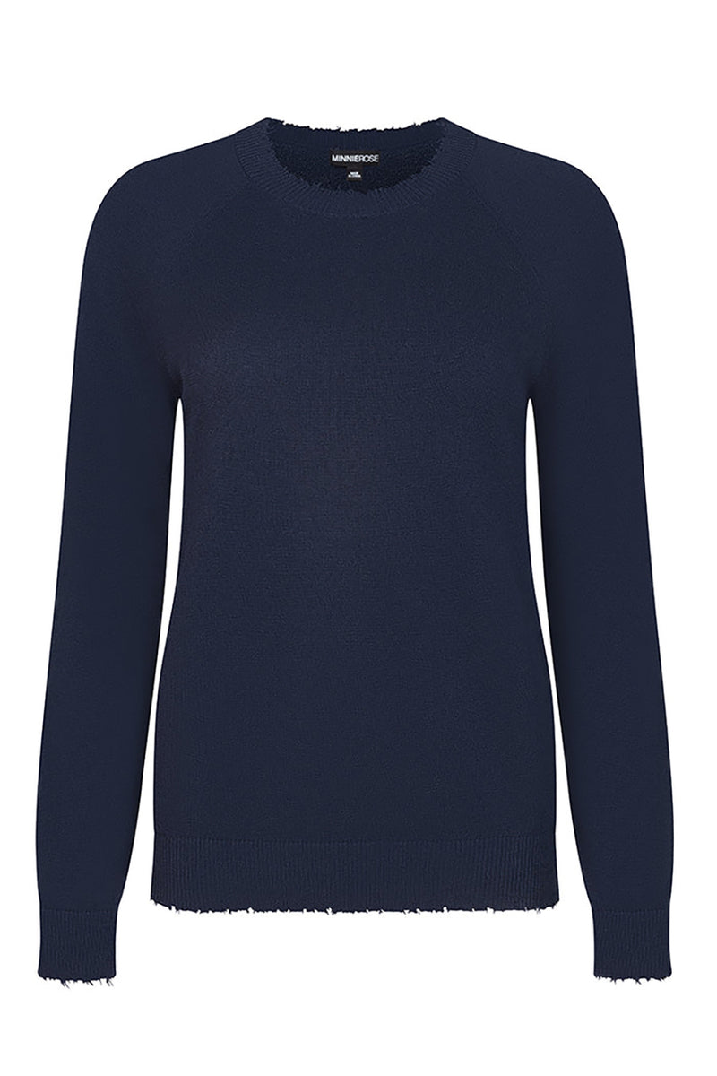 Cotton Cashmere Frayed Edge Crew in Navy