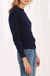 Cotton Cashmere Frayed Edge Crew in Navy