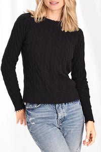 Cotton Cable LS Crew w/ Frayed Edges in Black