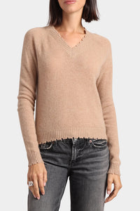 7 Gauge Cashmere Frayed Edge Cropped V in Camel