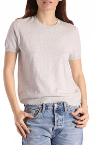 Cotton Cashmere Boxy Frayed Tee in Light Heather Grey