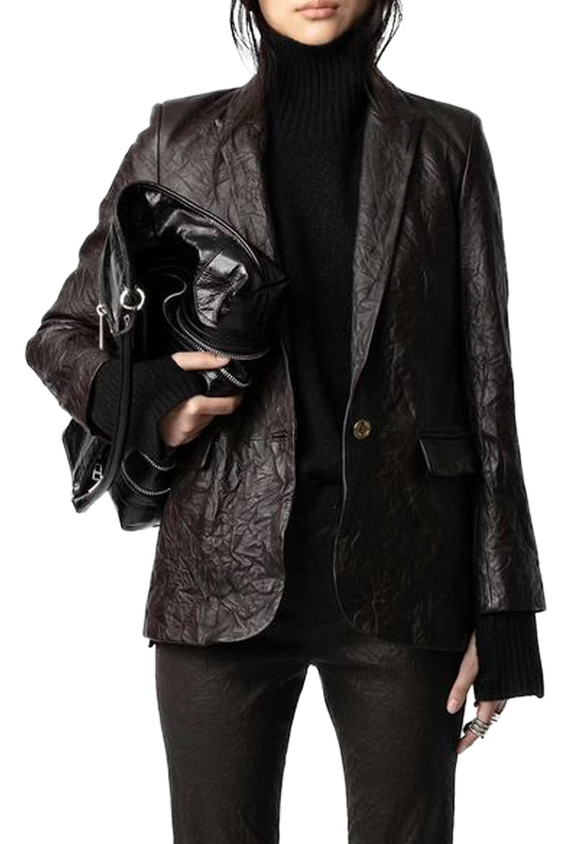 Valse Crinkled Leather Blazer in Land