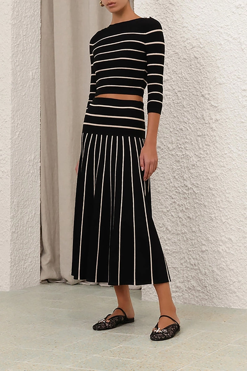 Crush Stripe Midi Skirt in Black Cream