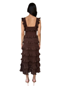 Hypnotic Lace Frill Midi Dress in Metallic Chocolate