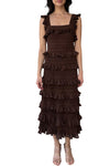 Hypnotic Lace Frill Midi Dress in Metallic Chocolate