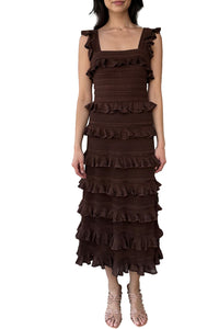 Hypnotic Lace Frill Midi Dress in Metallic Chocolate