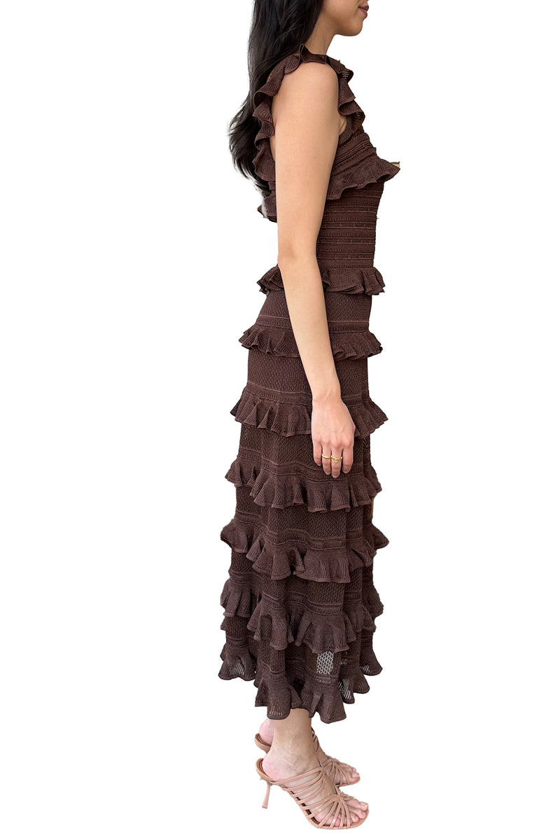 Hypnotic Lace Frill Midi Dress in Metallic Chocolate