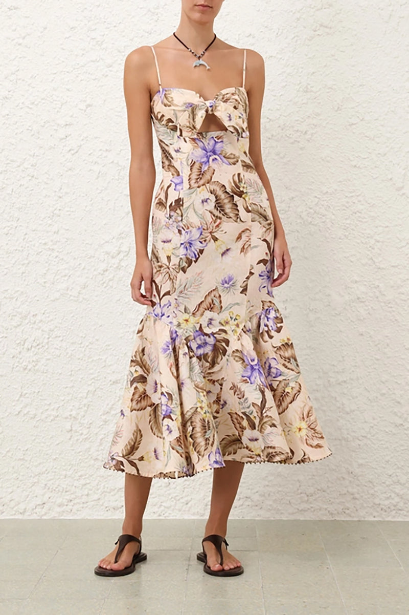 Coco Tie Front Midi Dress in Cream Multi Floral