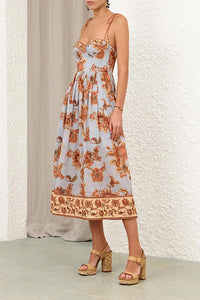 Aster Corset Midi Dress in Blue Jacobean