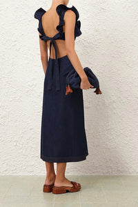Aster Denim Frill Midi Dress in Ink