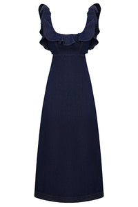 Aster Denim Frill Midi Dress in Ink