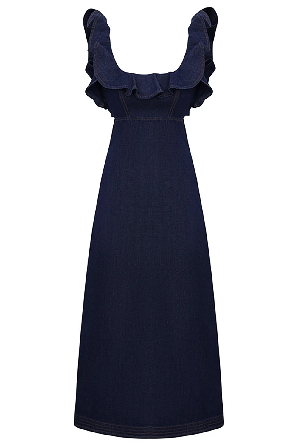 Aster Denim Frill Midi Dress in Ink