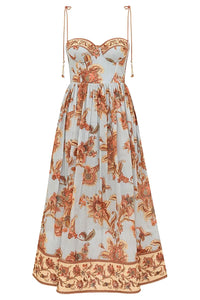 Aster Corset Midi Dress in Blue Jacobean