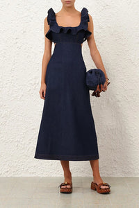 Aster Denim Frill Midi Dress in Ink